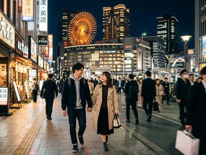 夜の繁華街で手をつないで歩く若いカップル。背景には観覧車と高層ビルが輝く。