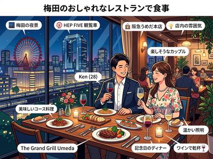 梅田の夜景が見えるおしゃれなレストランで食事を楽しむカップル。