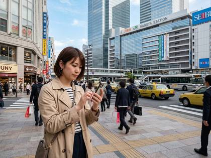 賑わう名古屋の街角でスマートフォンを操作する女性。