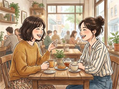 カフェで向かい合って談笑する、笑顔の2人の女性。