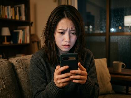スマートフォンを見て困惑した表情の女性。