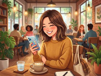 カフェで笑顔の女性がスマホを見ている。