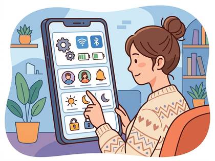 女性がスマートフォンで設定画面を操作しているイラスト。表示モードを選択している。