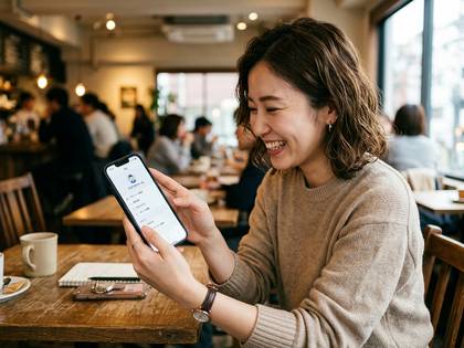 カフェで笑顔でスマートフォンを操作する女性。