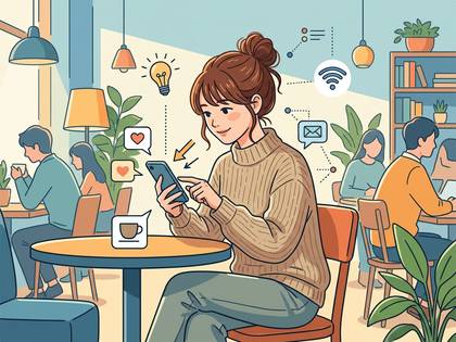 カフェでスマートフォンを操作する女性と、デジタルコミュニケーションを表すアイコン。