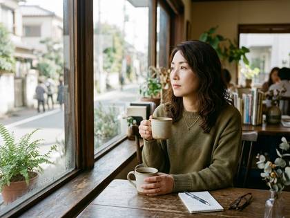 カフェの窓辺でコーヒーを飲みながら外を眺める女性。