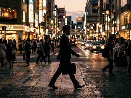 夕暮れの都会の横断歩道を歩くビジネスマン。多くの人々が行き交う。