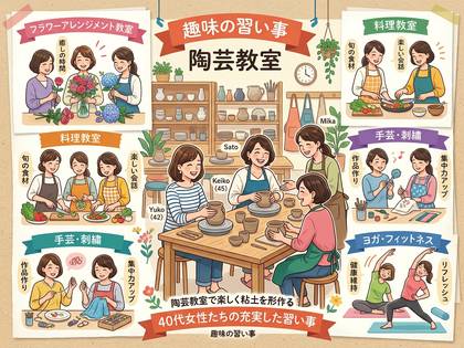 40代女性が陶芸、料理、手芸、ヨガなど様々な趣味を楽しむ教室のイラスト。