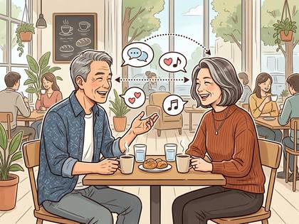 カフェで笑顔で会話する中高年男女。想いや音楽を共有する様子をアイコンで表現。