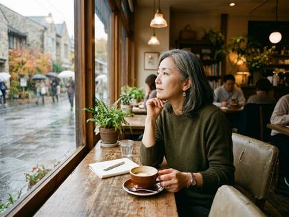 カフェの窓際で、雨の街を静かに眺めるアジア人女性。