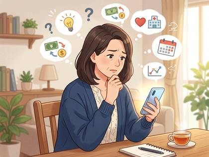 スマホを手に、お金や健康、将来を案じる女性のイラスト。