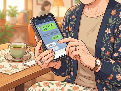 花柄カーディガンを着た女性がスマホでチャット中。隣に湯気の立つお茶。