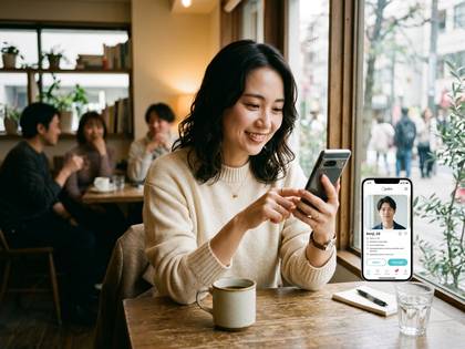 カフェで笑顔の女性がスマホを操作し、マッチングアプリを見ている。