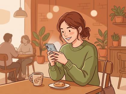 カフェでスマートフォンを操作し笑顔の女性。テーブルにはコーヒーと軽食。