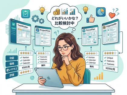 タスク・プロジェクト管理アプリを比較検討中の女性。