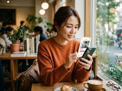 カフェで笑顔の女性が2台のスマホを操作、マッチングアプリの画面。
