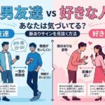 彼氏と好きな人の違い。姿勢、距離、視線で脈ありサインを比較するイラスト。