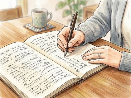 ノートにペンで書き物をしている人物と温かい飲み物。