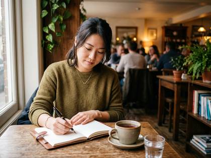 カフェでノートに書き物をしている女性。