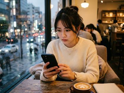 カフェの窓際でスマホを操作する女性。雨の夜景。