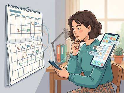 カレンダーとスマホで予定を連携・管理する女性のイラスト。