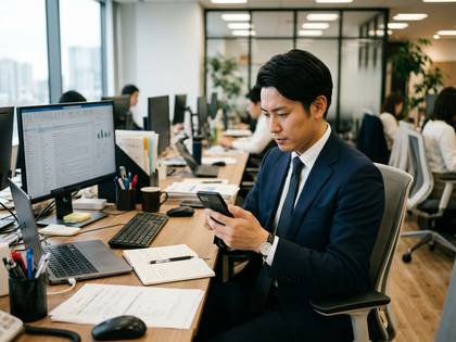 オフィスでスマートフォンを操作するスーツ姿の男性。