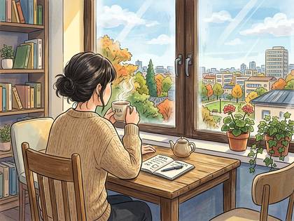 窓辺で温かいお茶を飲む女性。秋の街並みを眺めリラックス。