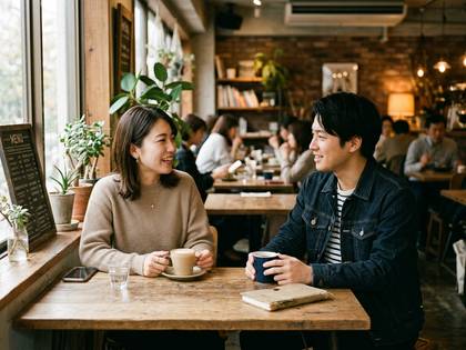 カフェで笑顔で談笑する男女。