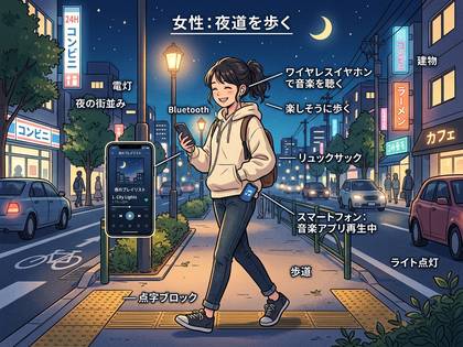 夜の街を笑顔で歩く女性。スマホで音楽を聴いている。