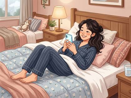 パジャマ姿の女性がベッドでくつろぎながらスマホを見ている。