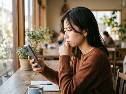 カフェの窓際でスマホを見つめ、考え込んでいる女性。