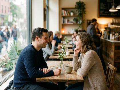 カフェで向かい合い、笑顔で談笑する男女。