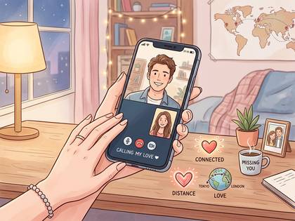 遠距離恋愛中のカップルがスマホでビデオ通話する様子。繋がれた想いを表現したイラスト。