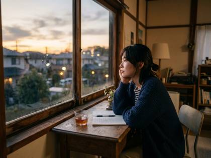 夕暮れの窓辺で、物思いにふける女性の横顔。