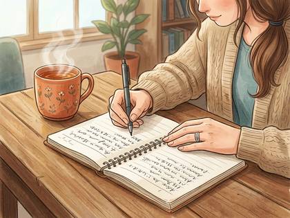 机に向かいノートにペンで書き物をする女性と湯気の立つマグカップ。