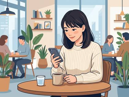 カフェでコーヒーを飲みながらスマホを見る女性。