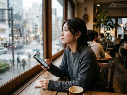 カフェの窓際でスマホを持ち、雨の街並みを眺める女性。