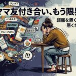 ママ友付き合いに疲れ、SNSの通知が渦巻く中で頭を抱える女性のイラスト。