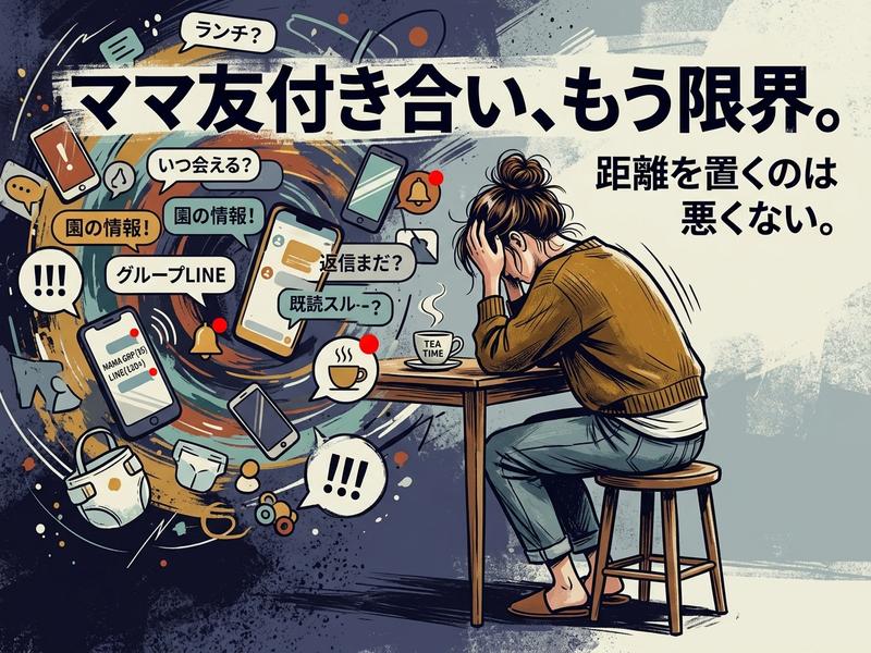 ママ友付き合いに疲れ、SNSの通知が渦巻く中で頭を抱える女性のイラスト。