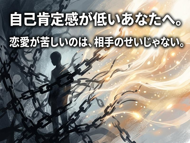 自己肯定感が低い人が鎖から解放され、光へ向かうイラスト。