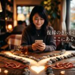 「復縁のきっかけは、ここにある。」スマホを見る女性、光るハートと水引の飾り。