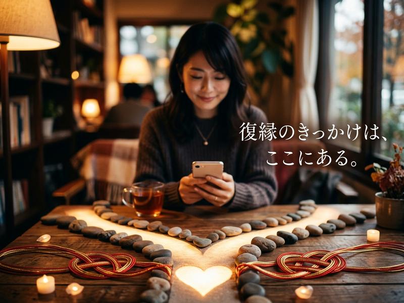 「復縁のきっかけは、ここにある。」スマホを見る女性、光るハートと水引の飾り。