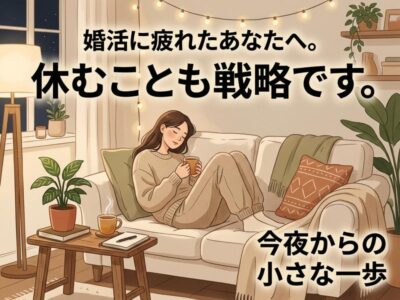 温かい部屋でソファでくつろぐ女性。婚活に疲れた人へ休む戦略を提案。