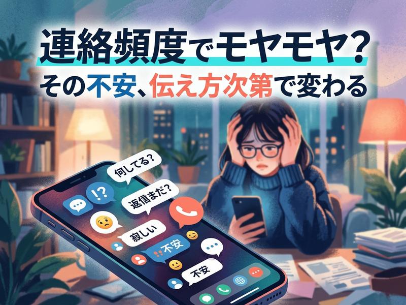 連絡頻度に悩む女性がスマホを見ている。画面には「寂しい」「不安」などのメッセージが並ぶ。