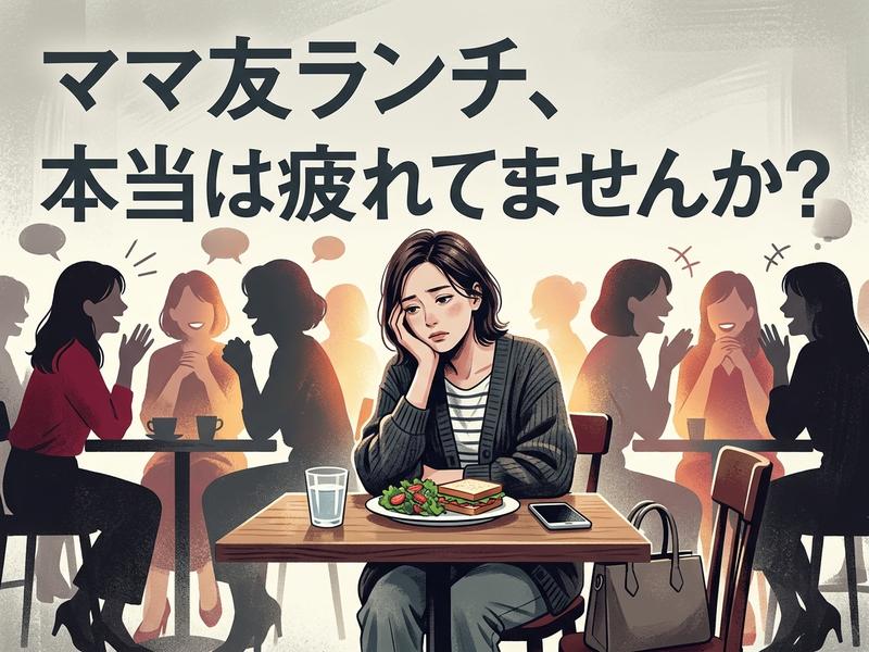 「ママ友ランチ、本当は疲れてませんか？」の問いかけと共に、疲れた表情で一人ランチをする女性と、周りで楽しそうに話す他の女性たち。