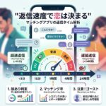 マッチングアプリの返信速度と恋愛成功率の関係を示すインフォグラフィック。