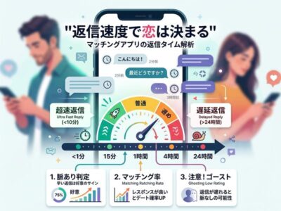 マッチングアプリの返信速度と恋愛成功率の関係を示すインフォグラフィック。