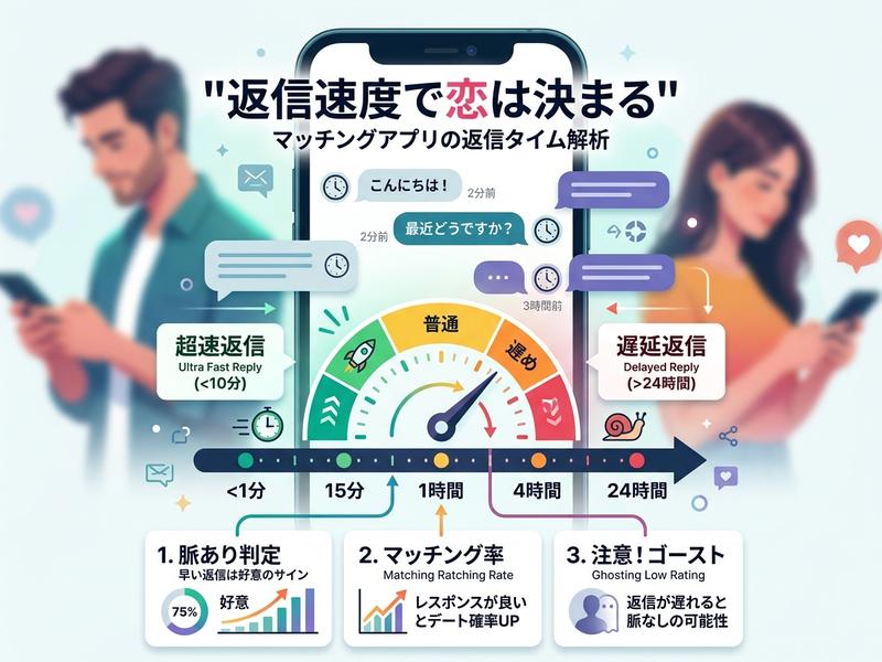 マッチングアプリの返信速度と恋愛成功率の関係を示すインフォグラフィック。