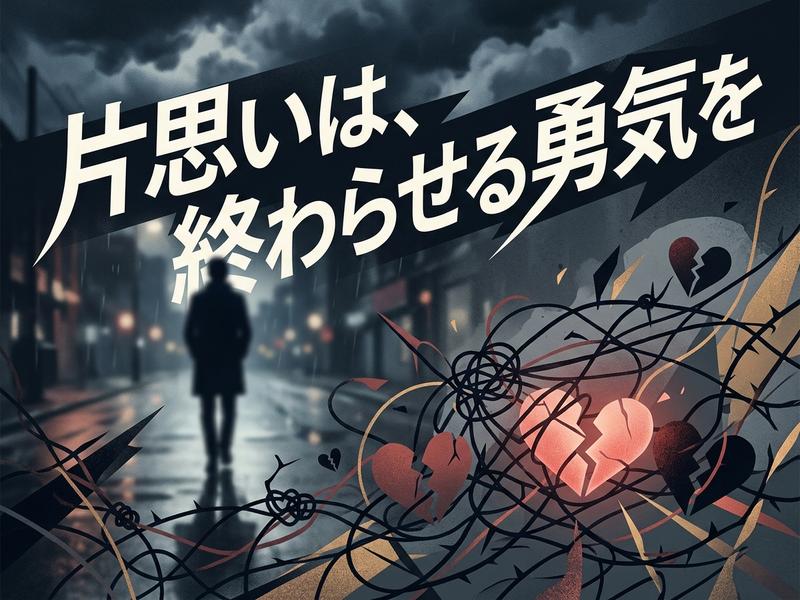 「片思いは、終わらせる勇気を」の文字と、雨の夜道を歩く人物、砕けたハート。