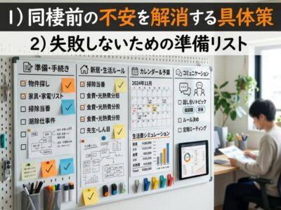 同棲準備の計画ボードと、デスクで作業する男性。